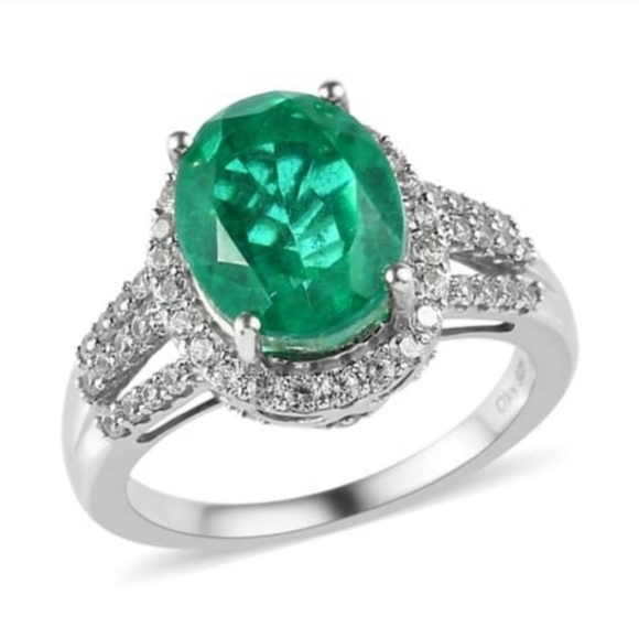 Emeraldine Quartz (Triplet) With Natural White Zircon Accented Triple Shank Ring - Picture 4 of 6